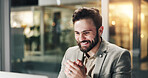 Notification, man and laptop with good news, office or applause for raise, excited and working late. Clapping, employee and person with smile for achievement, bonus and positive feedback at night
