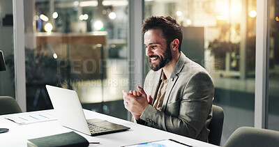 Buy stock photo Excited, man and laptop with good news, office or applause for raise, notification and working late. Clapping, employee and person with smile for achievement, bonus and positive feedback at night