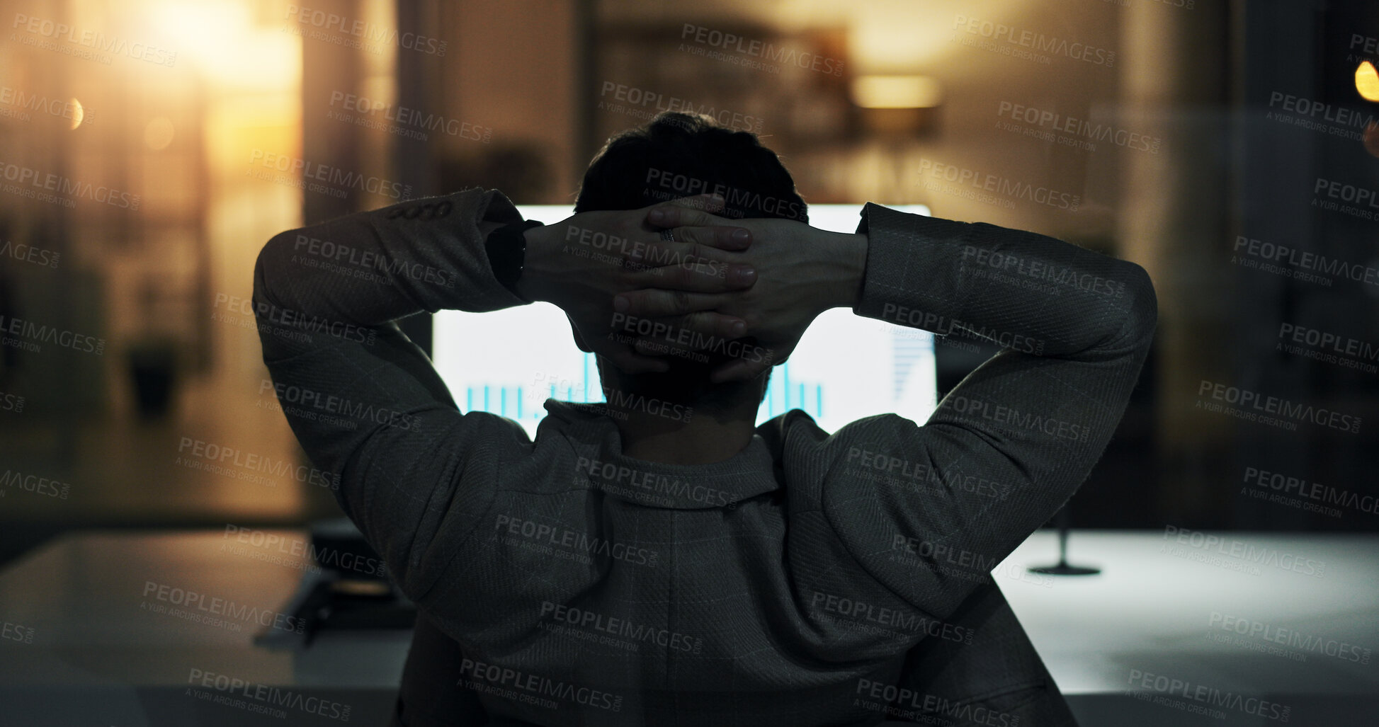 Buy stock photo Night, stretching and employee with complete project, relax or review of stats, overtime and online. Working late, data analyst and person with tech for deadline, back and finished with assignment