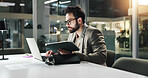 Tablet, reading and laptop with business man in office for planning, insurance broker and night. Portfolio analysis, research and overtime with person in agency for client application and review