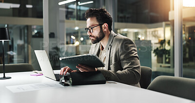 Buy stock photo Tablet, reading and laptop with business man in office for planning, insurance broker and night. Portfolio analysis, research and overtime with person in agency for client application and review