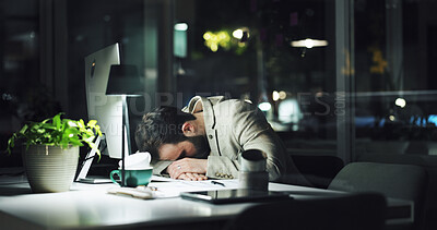 Buy stock photo Night, businessman and sleeping with computer in office for overworked stress, burnout or deadline. Tired man, employee or asleep on desk in late evening for procrastination or fatigue in workplace