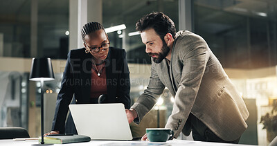 Buy stock photo Meeting, night and business people on laptop for proposal discussion, planning and review deadline. Corporate office, working late and woman with man on tech for research, budget and financial report