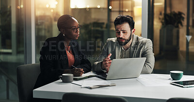 Buy stock photo Report, night and business people on laptop for review meeting, planning and proposal deadline. Corporate office, working late and woman with man on tech for research, budget and financial discussion