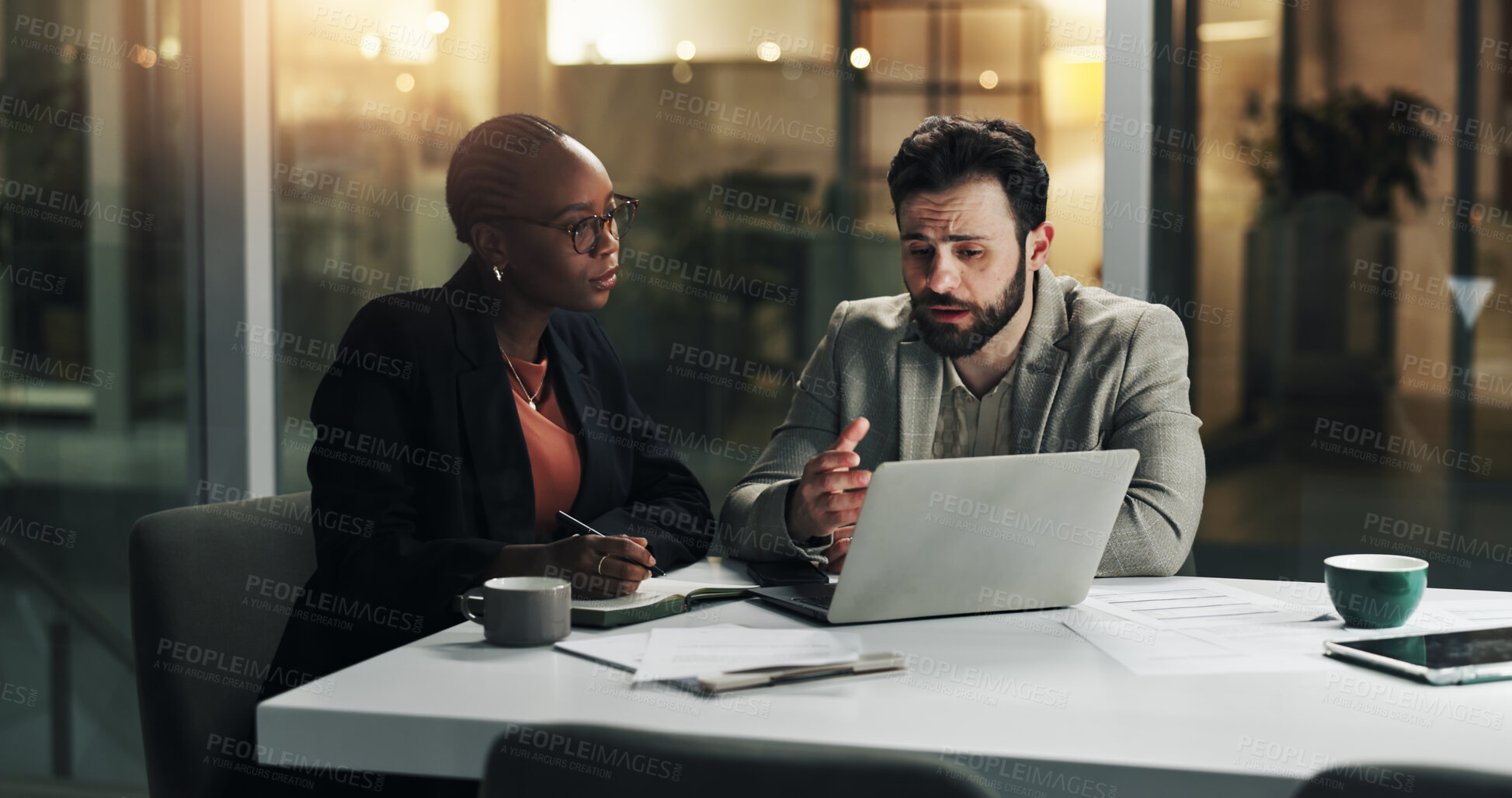 Buy stock photo Report, night and business people on laptop for review meeting, planning and proposal deadline. Corporate office, working late and woman with man on tech for research, budget and financial discussion