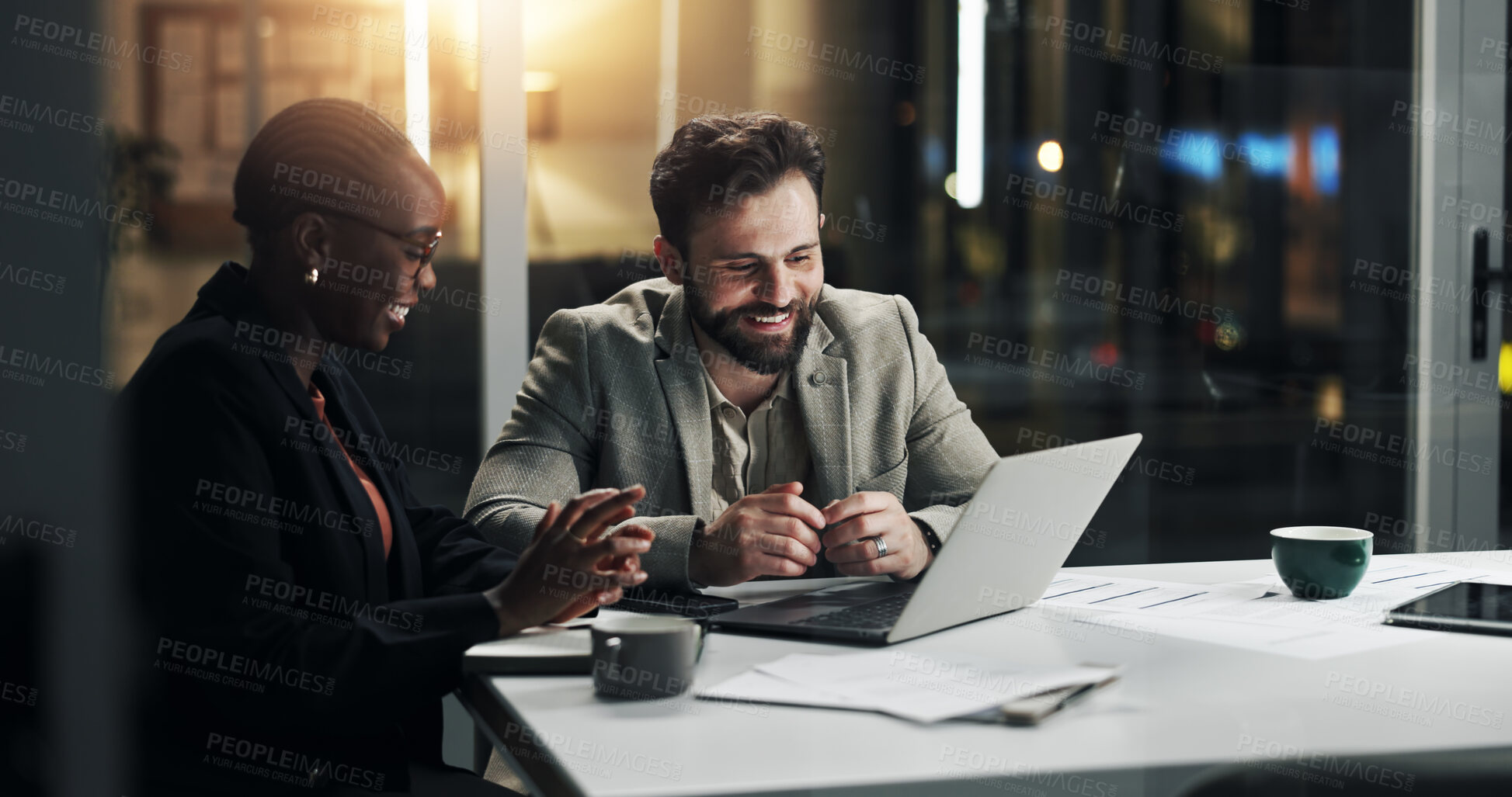 Buy stock photo Smile, night and business people on laptop for review discussion, planning and proposal deadline. Corporate office, working late and woman with man on tech for research, budget and financial report