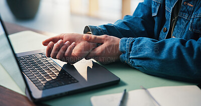 Buy stock photo Carpal tunnel, laptop and man in office with wrist pain, injury or accident with working on project. Hand strain, computer and male person with muscle discomfort or ache for typing in workplace.