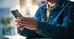 Hands, smartphone and man in office for communication, social media management or check trends online. Connectivity, mobile app and networking platform for blog post or research for content creation