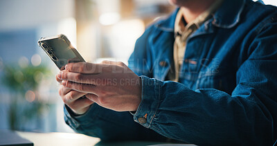 Buy stock photo Hands, smartphone and man in office for communication, social media management or check trends online. Connectivity, mobile app and networking platform for blog post or research for content creation