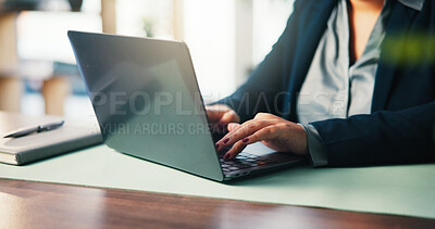 Buy stock photo Business woman, hands on laptop and typing with email response or bank loan application for finance in office. Computer, writing and feedback for credit, account and financial consultant at desk