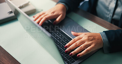 Buy stock photo Business woman, hands and typing on laptop in office for news story, blog research or publication. Media agency, above or journalist with tech for draft submission, writing article or editing process