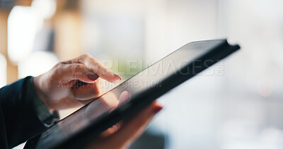 Buy stock photo Hands, scroll and business woman on tablet for finance review, website and investment research. Corporate, office and person on digital tech for financial report, online stock trading and planning