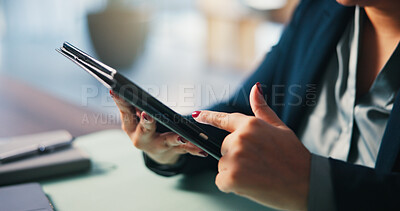 Buy stock photo Hands, corporate and business woman on tablet for finance review, website and investment research. Office, company and person scroll on digital tech for financial report, online trading and planning