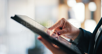 Buy stock photo Hands, office and business woman on tablet for finance review, website and investment research. Corporate, professional and person on digital tech for financial report, online trading and planning