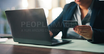 Buy stock photo Online shopping, employee and hands with card, laptop or browsing for purchase on website in office. E commerce, credit and person with tech for payment, scroll and choice for discount or buying