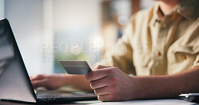 Buy stock photo Credit card in hand, laptop and man at desk for online shopping, business expense or company account. Finance, ecommerce or fintech with person for purchase, payment or professional budget in office