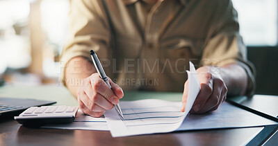 Buy stock photo Office, agreement and hands with document, signing or employee with terms or investment opportunity. Business, accountant and person with legal paperwork, table and approval of financial records