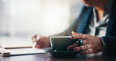 Buy stock photo Corporate, employee and hands with coffee, morning or lawyer with hot beverage, productivity or busy. Office, attorney and person with tea cup, desk and warm latte to start day at work and law firm