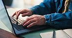 Creative person, hands and typing on laptop in office for news story, blog research or publication. Media agency, planning and journalist with tech for draft submission, writing article and editing