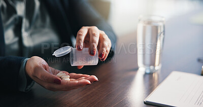 Buy stock photo Water, pills and hands of person in home for medical treatment, prescription and tablets for recovery. House, health and patient with medication container for vitamins, supplements and drugs on table
