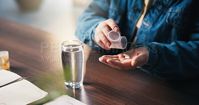 Buy stock photo Water, medicine and hands of woman in home for medical treatment, prescription and tablets for recovery. House, health and person with medication container for vitamins, supplements or pills on table
