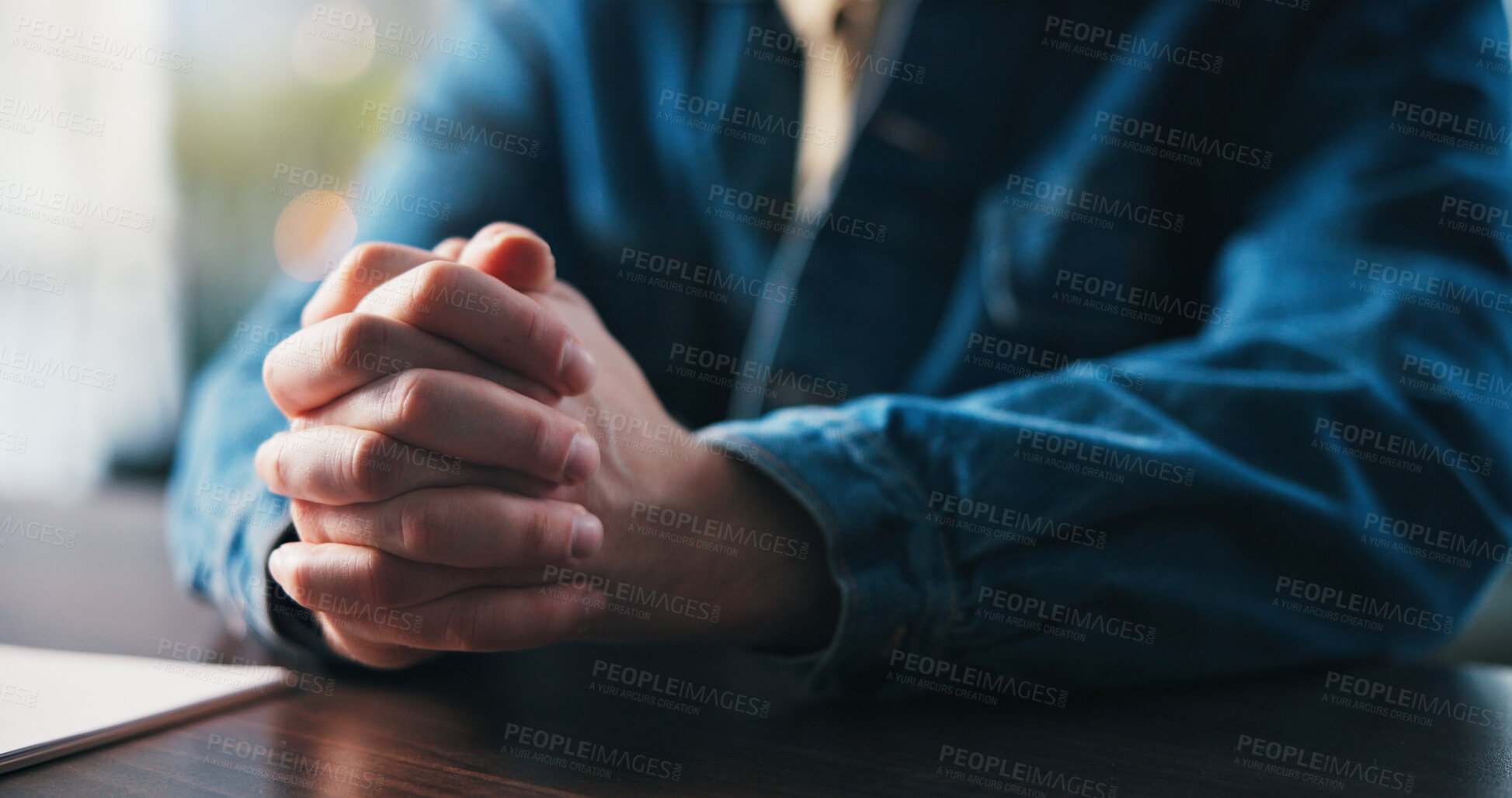 Buy stock photo Job application, hands and prayer with person at desk in apartment for hope, opportunity or request. Documents, guidance and wish with man praying at table in home for career development or growth