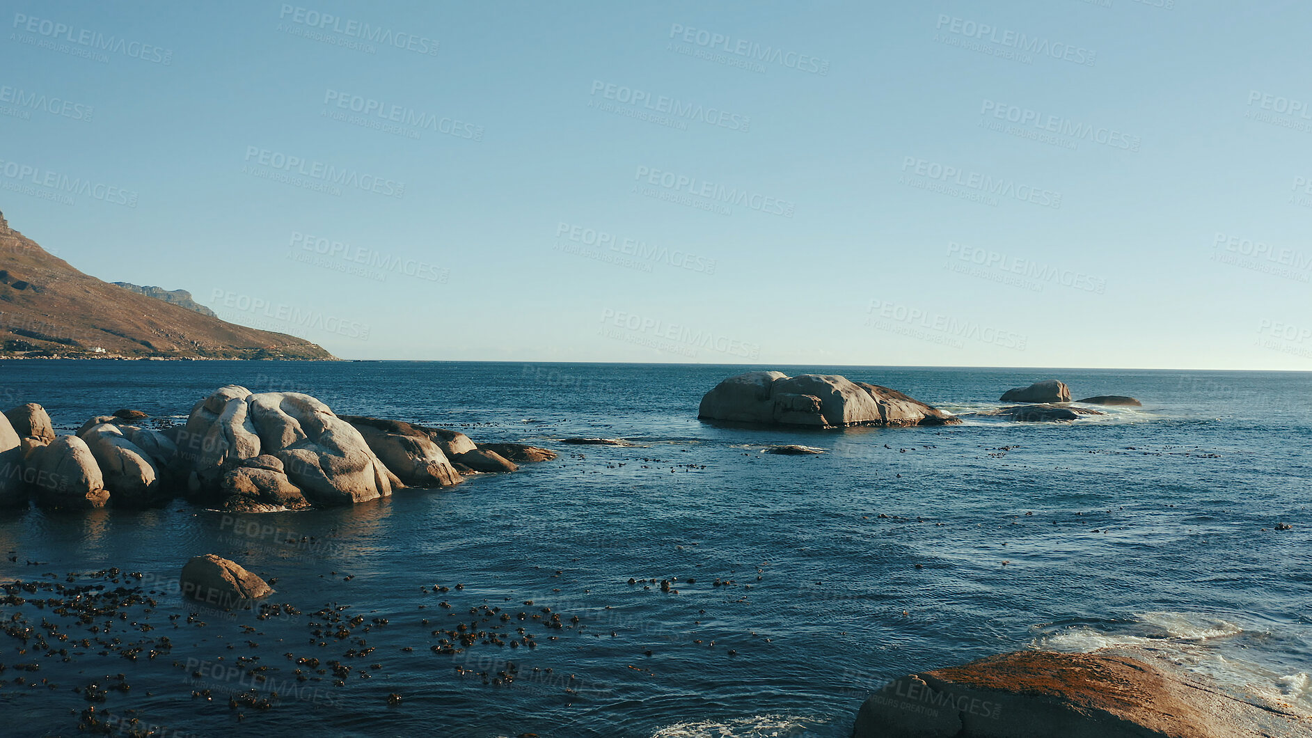 Buy stock photo Seascape, sky and landscape of beach with rocks for holiday destination, travel location or mockup. Space, ocean and horizon in natural environment with tropical scenery, water ripples and vacation