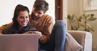 Buy stock photo Home, credit card and couple on sofa, laptop and online shopping with banking, purchase and password. Apartment, man and woman on couch, computer and payment with transaction, savings and ecommerce