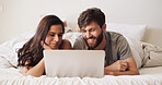 Couple, happy and relax with laptop in bed for streaming movie, online series and lazy weekend. Bonding, people and technology in home for watching film, show subscription and relationship in bedroom