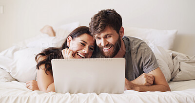 Buy stock photo Couple, laughing and movie with laptop in bed for weekend break, comedy series and connection. Bonding, people and technology in home for watching film, funny show and healthy relationship in bedroom