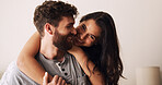 Love, portrait and couple with hug in home for relationship security, bonding together and trust. Happy, people and embrace in house for marriage affection, connection and support with weekend break