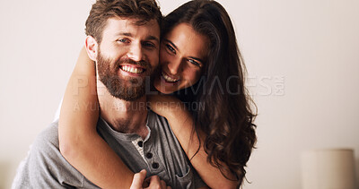Buy stock photo Home, hug and portrait with couple, smile and bonding together with trust, relax and care. Happiness, man and woman with love, romance and people with marriage, comfort and embrace in living room