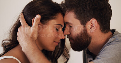 Buy stock photo Forehead, love and romance with connection of couple in home bedroom together for bonding or safety. Moment, security or trust with man and woman in apartment for anniversary, honeymoon or wellness