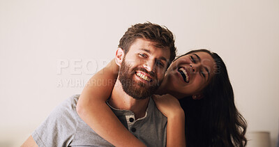 Buy stock photo Couple romance, love and hug with laughing in home for funny joke, relationship security or bonding. Space, portrait and happy people with embrace for connection, marriage loyalty or support in house