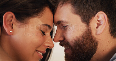 Buy stock photo Love, romance and trust with forehead of couple closeup together for connection or safety. Bonding, security or smile with man and woman in moment for honeymoon, marriage anniversary or wellness