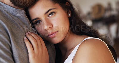 Buy stock photo Woman, couple and hug with love and portrait for commitment, marriage and moment with trust. Calm, peace and security with people together for care, comfort and safety in embrace for relationship