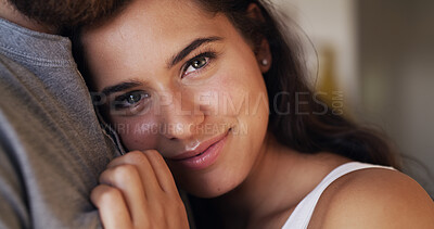 Buy stock photo Happy woman, couple and hug with love in portrait for commitment, marriage and moment with trust. Calm, peace and security together for care with comfort and safety in embrace for relationship