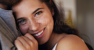 Buy stock photo Woman, couple and hug with smile in portrait for love, trust and commitment in marriage. Calm, peace and security with people together for care, comfort and safety in embrace for happy relationship