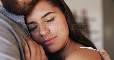 Buy stock photo Woman, couple and hug for love and peace with support, trust and commitment in marriage. Care, comfort and connection with people in embrace for bonding, romance and security in healthy relationship