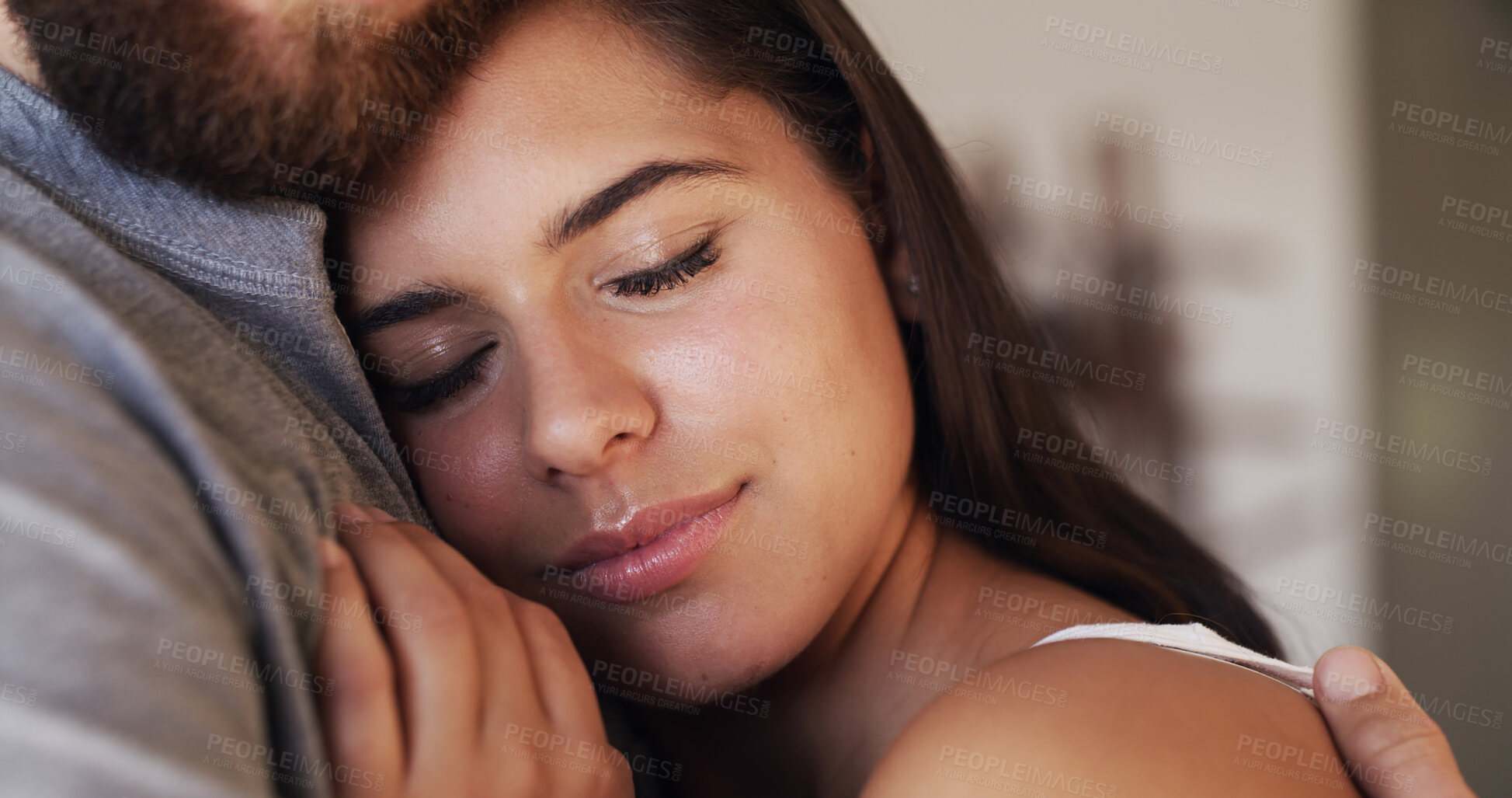 Buy stock photo Woman, couple and hug for love and peace with support, trust and commitment in marriage. Care, comfort and connection with people in embrace for bonding, romance and security in healthy relationship