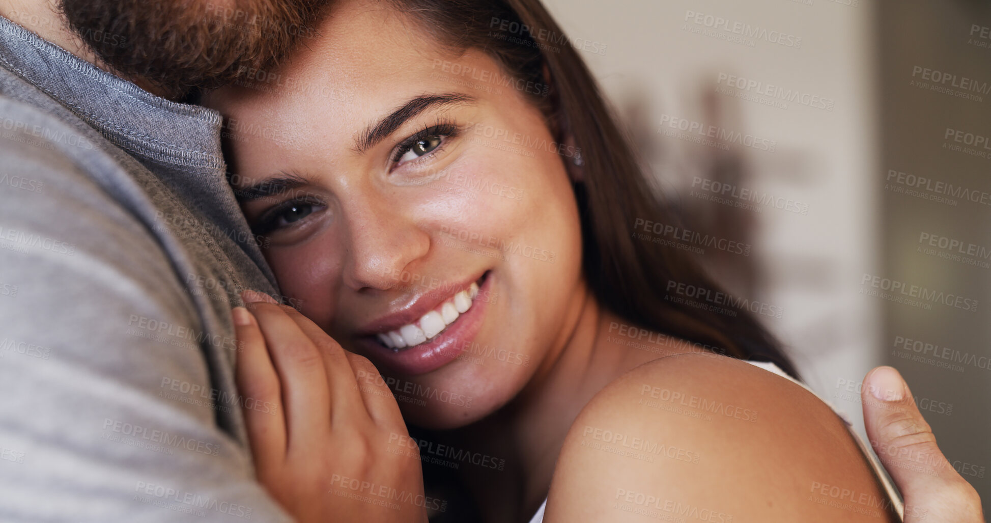 Buy stock photo Woman, couple and hug for love and portrait with smile, trust and commitment in marriage. Care, comfort and connection with people in embrace for bonding, romance and security in healthy relationship