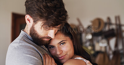 Buy stock photo Face, hug and trust with couple in home together for comfort, safety or security of relationship. Bonding, connection and portrait with woman on chest of man in apartment for cuddle, love or romance