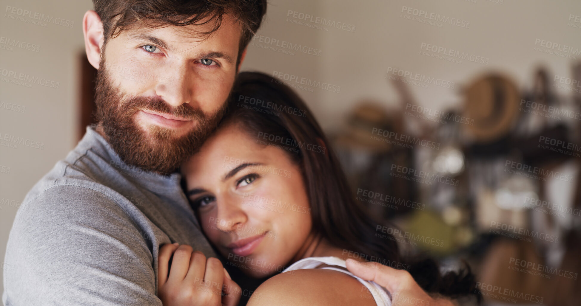 Buy stock photo Home, hug and couple with love, portrait and bonding together with marriage, calm and care. Happiness, man and woman with comfort, romance and support with relationship, trust and dating with embrace