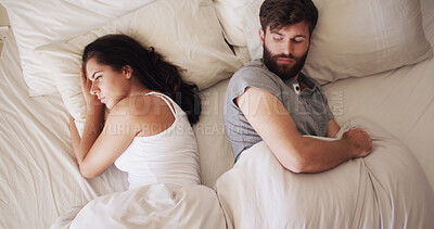 Buy stock photo Above, argument and ignore with couple in bed together for disagreement or relationship frustration. Annoyed, fighting or upset with man and woman in bedroom of apartment for depression or divorce