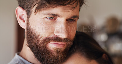 Buy stock photo Man, hug and couple with love, smile and bonding together with relationship, peace and trust. Commitment, marriage and face with woman, embrace or safety with security, connection or calm with cuddle