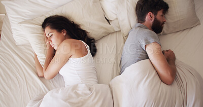 Buy stock photo Above, fighting and ignore with couple in bed together for disagreement or relationship frustration. Annoyed, argument or upset with man and woman in bedroom of apartment for depression or divorce