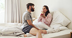 Bedroom, eating and couple with muffin, love and bonding together with happiness, delicious and care. Home, morning and man with woman, sweets or romantic with relationship, smile or tasty with snack