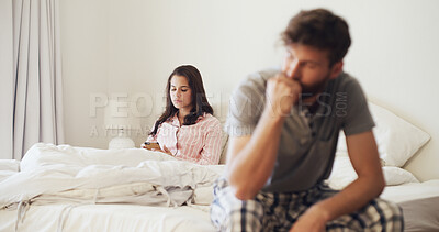 Buy stock photo Frustrated couple, argument or bed with stress for breakup, conflict or disagreement. Upset man, woman or toxic relationship with dispute in bedroom for divorce, cheating affair or guilty in home
