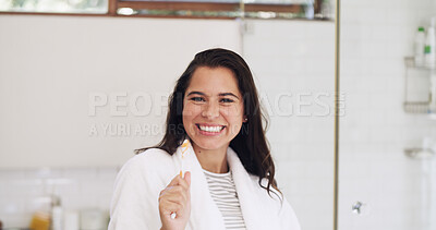 Buy stock photo Happy woman, portrait and toothbrush with singing in bathroom for fun, energy and morning routine. Dental care, grooming and person brushing teeth with karaoke, music or dancing for hygiene in home