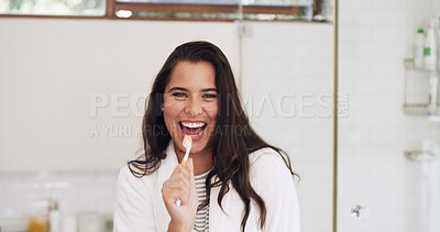 Buy stock photo Portrait, toothbrush and woman with smile, singing and dental health with music playlist. Home, oral care and happy person with fun, wellness and hygiene routine with results, teeth whitening or song